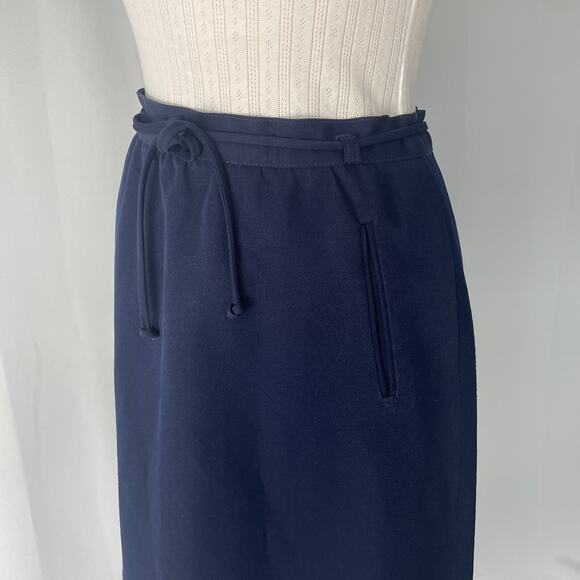 Vintage A Line Midi Skirt Size 14 Navy Blue Belted High Rise Retro Preppy 80s - Picture 6 of 15